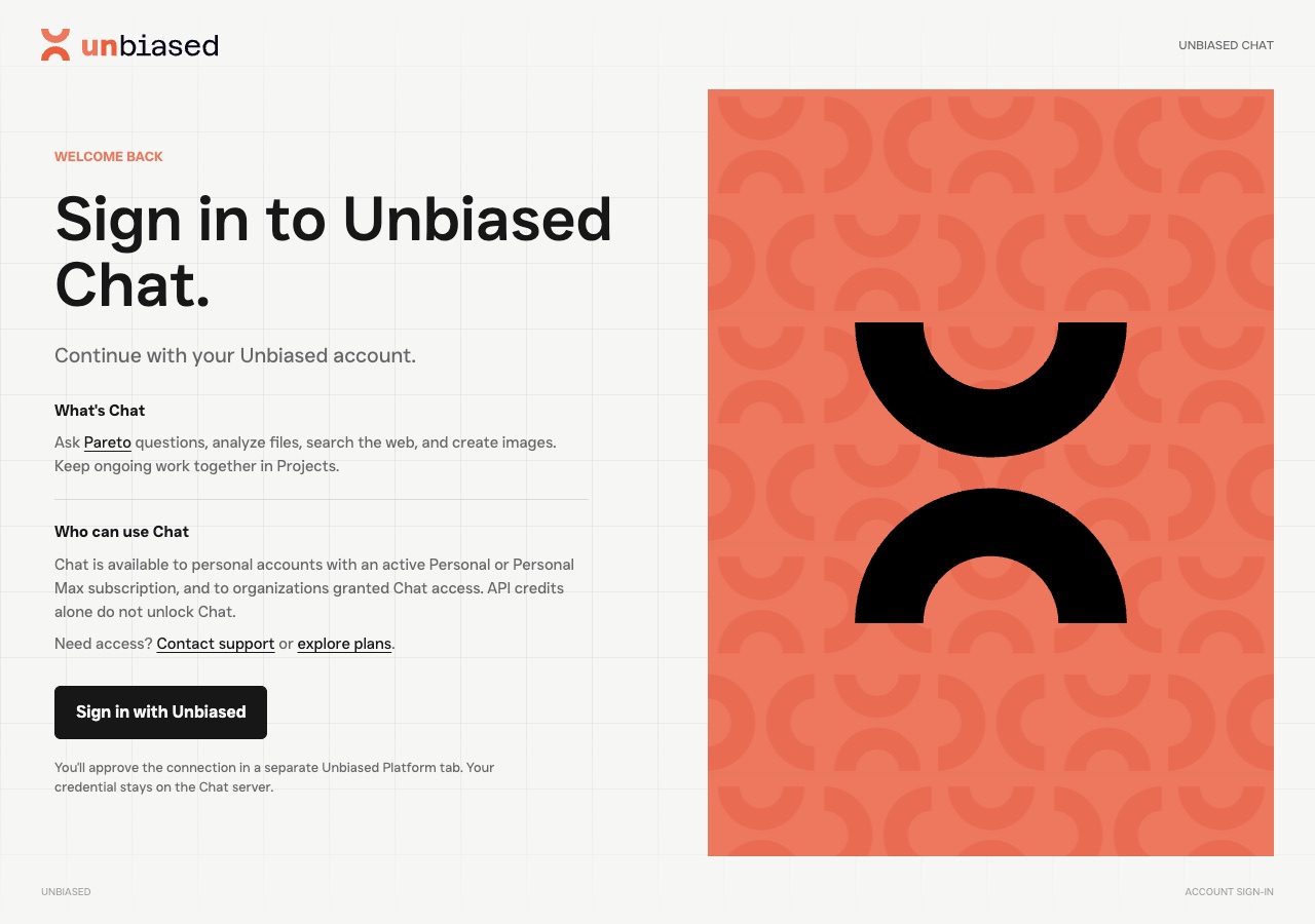 Unbiased Chat sign-in page, explaining Personal and Personal Max access
