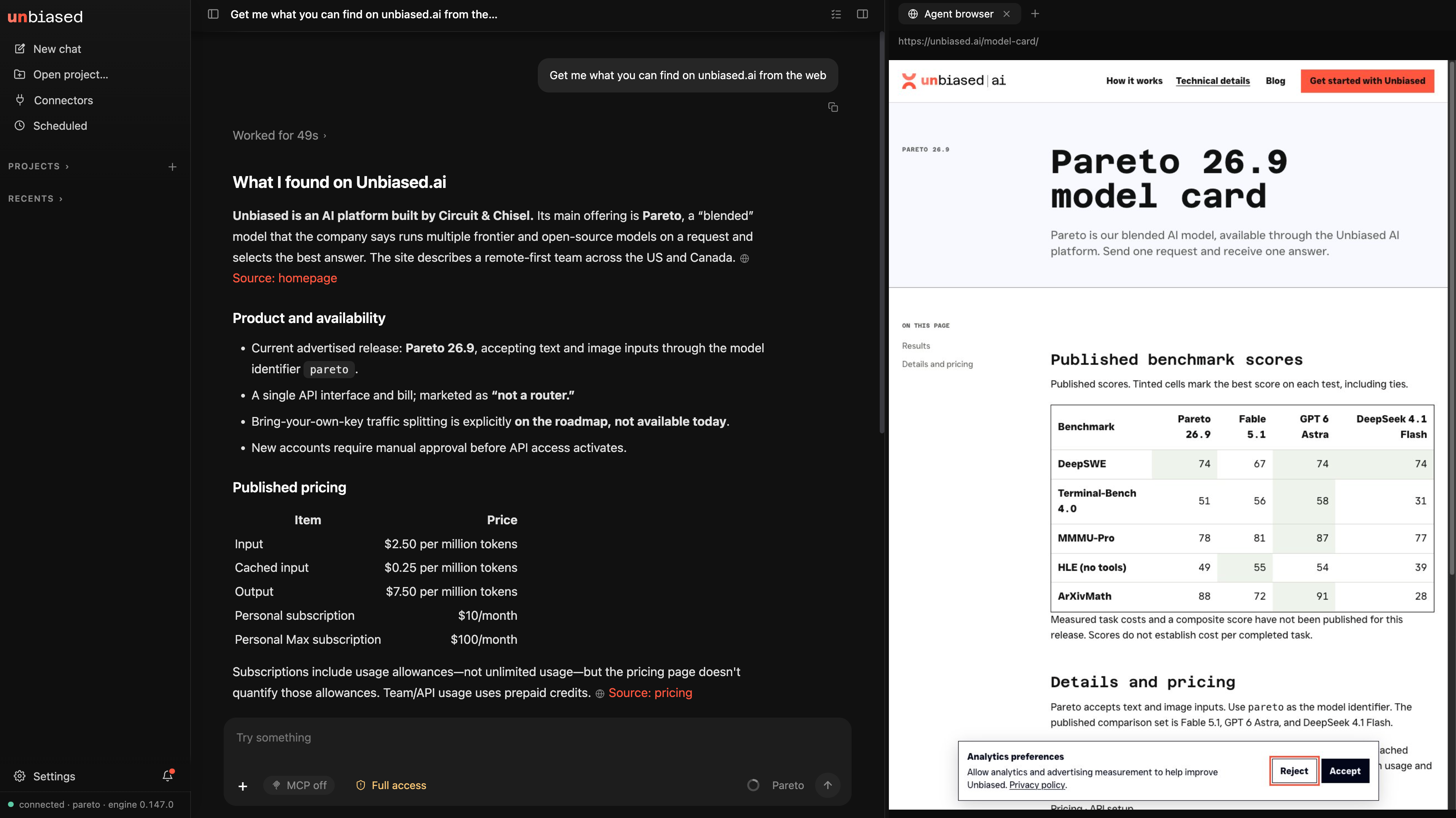 Unbiased AI Harness showing a chat about researching unbiased.ai beside the agent browser on the Unbiased model card.