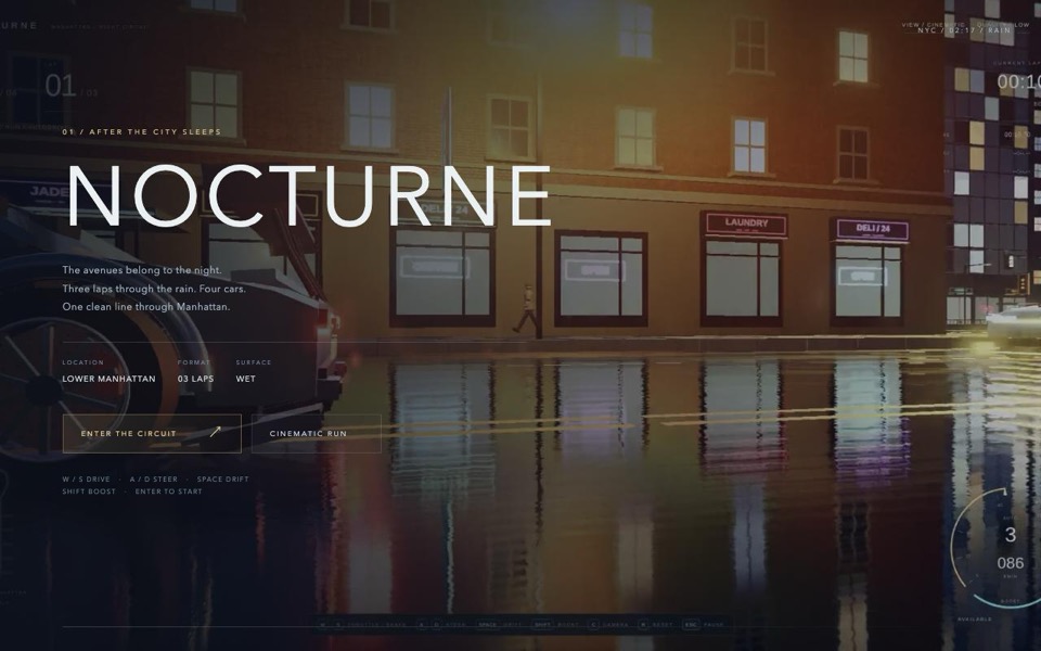Nocturne’s rainy Manhattan racing-game title screen